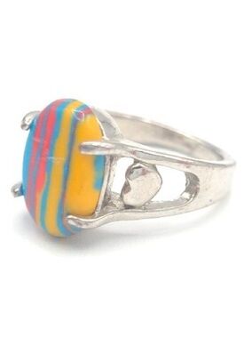 Rainbow Cabochon Statement Ring Size 7 Silver Tone Stripe